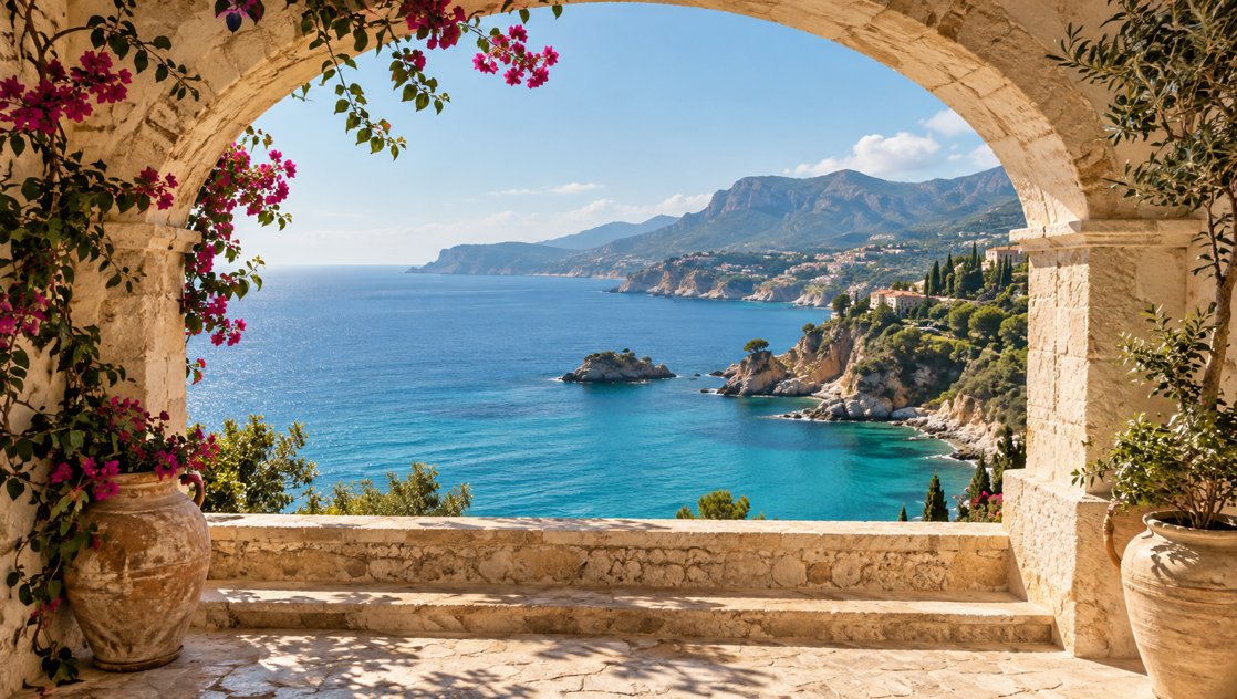 Napsütötte mediterrán terasz türkiz tengerre néző kilátással